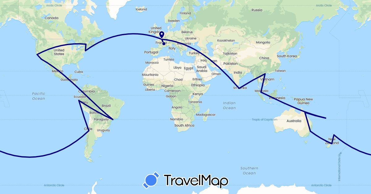 TravelMap itinerary: driving in Australia, Brazil, Canada, Chile, France, Sri Lanka, Malaysia, New Caledonia, New Zealand, Peru, United States, Vietnam (Asia, Europe, North America, Oceania, South America)
